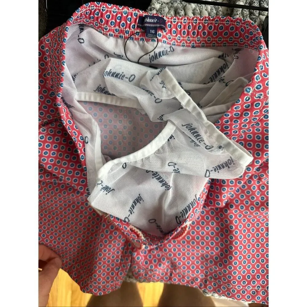 NWOT Johnnie-O Boys Size 16 Bathing Suit Swim Trunks Lined Red Blue Pattern